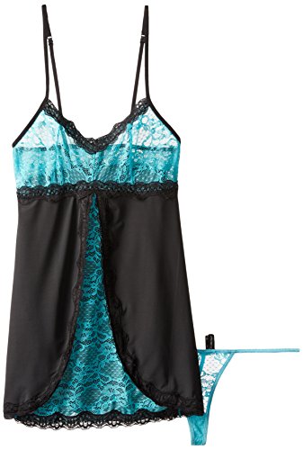 iCollection Women's Stretch Lace and Microfiber Babydoll, Turquoise, S