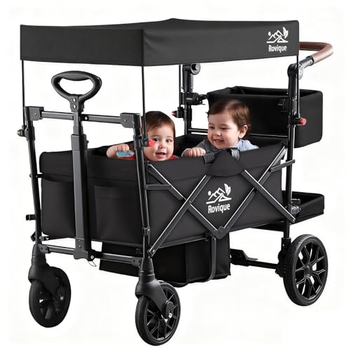 Wagon Stroller for 2 Kids, Premium Stroller Wagon for Kids with Removable Canopy, Safety Harness, Adjustable Handlebar & Storage Organizer, All-Terrain Foldable Baby Wagon for Outdoors