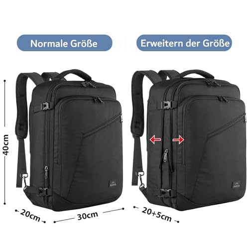 MATEIN Ryanair Handgepäck 40x30x20, Handgepäck Rucksack Flugzeug Herren 24L, Erweiterbar Rucksack 40x30x20 Ryanair Eurowings Reiserucksack Damen Travel Backpack Cabin Bag für Business, Reise, Schwarz