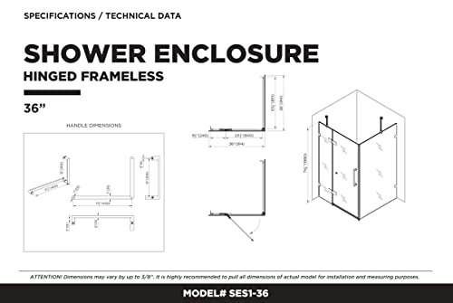 Fine Fixtures Frameless Shower Enclosure Hinged Glass Shower Door - Tempered Glass 34\" W x 34\" D x 74\" H Polished Chrome Finish