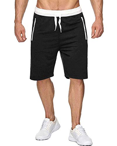 Voncheer Mens Elastic Waist Drawstring Summer Workout Shorts with Zipper Pockets (XL, Black Shorts with Back Pocket)
