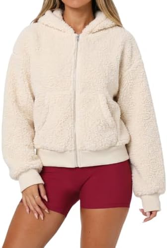 Women's Zip Front Hoodie Faux Shearling Fluffy Boxy Teddy Jacket ...