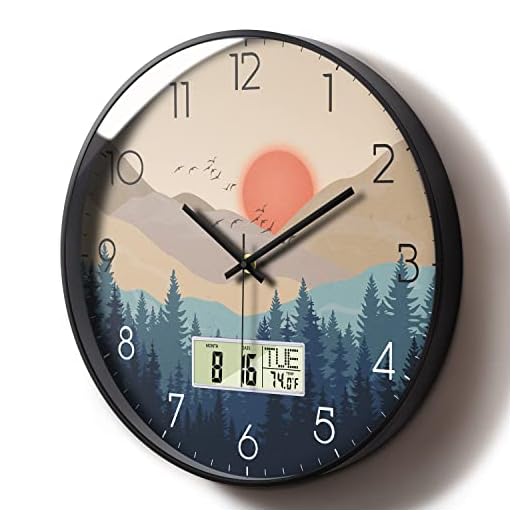 Silent Wall Clock with Day Week Temperature Wilderness with Sunset Non-ticking Battery Operated Large Digital Modern Clocks Display with Calendar and Date for Kitchen Farmhouse Bathroom Office 12 Inch