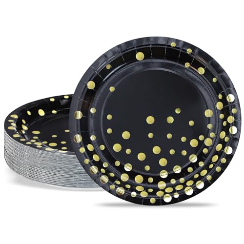 ZVK Assiettes à lunch 23cm Paillettes dorées Noir - 50 pièces Vaisselle jetable de fête pour occasions spéciales