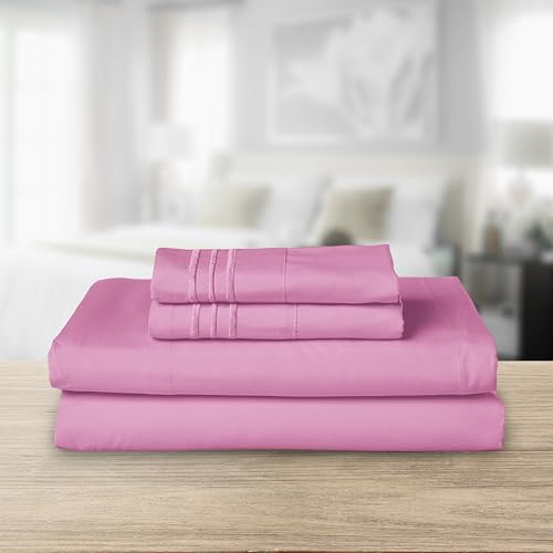 Image of Elegant Comfort Luxurious 1500 Premium Hotel Quality Microfiber Three Line Embroidered Softest 4-Piece Bed Sheet Set, Wrinkle and Fade Resistant, Queen, Light Pink