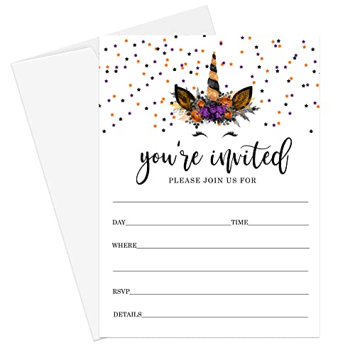 Paper Clever Party Unicorn Halloween Party Invitations With Envelopes (25 Pack) Blank Invites For Girls Birthday, Baby Shower, Pumpkin Theme Events - Orange And Black - Printed Card Set 5X7 #TOP30