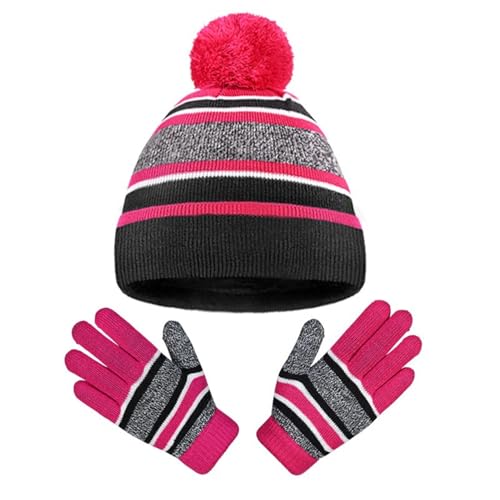 SK Studio Kids Winter Beanie Hat Gloves Set, 2 Pieces Boys Girls Knitted Fleece Lined Hat for Children's Toddler, Rose Red
