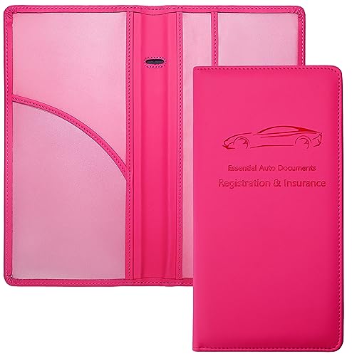 Yarnic Car Registration and Insurance Holder, Car Document Holder with Magnetic Closure, Registration and Insurance Card Holder Car Organizer Glove Box Compartment Organizer for Men Women (Hot Pink)