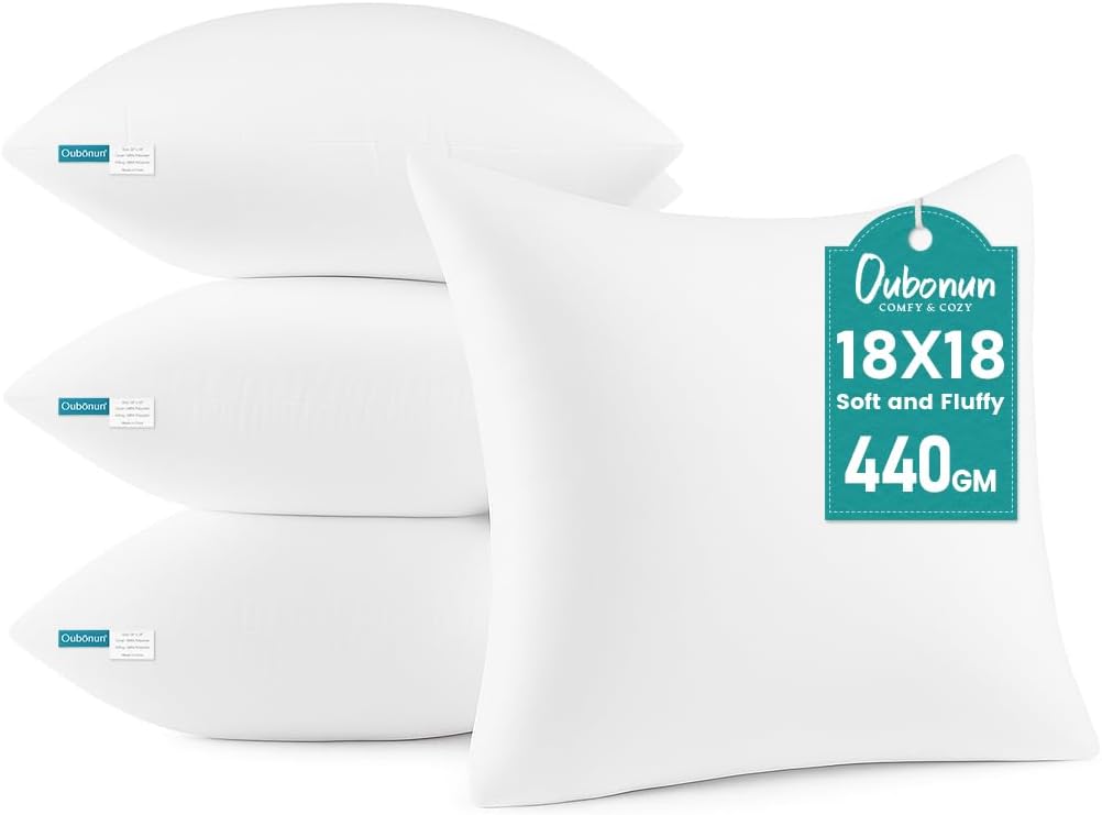 oubonun 18 x 18 throw pillow inserts - soft, plush & decorative down alternative pillows for couch sofa bed, machine washable - white, pack of 4 4 18x18 inch (pack of 4)