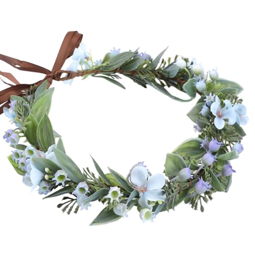 KorViSHOW Blue Flower Crown Headband, Fairy Green Leaf Floral Headpiece