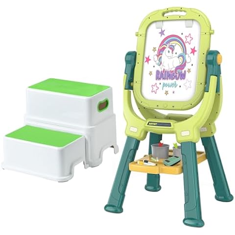 Victostar Easel for Kids, Rotatable Double Sided Adjustable Standing Art Easel with 2 Step Stool Cover