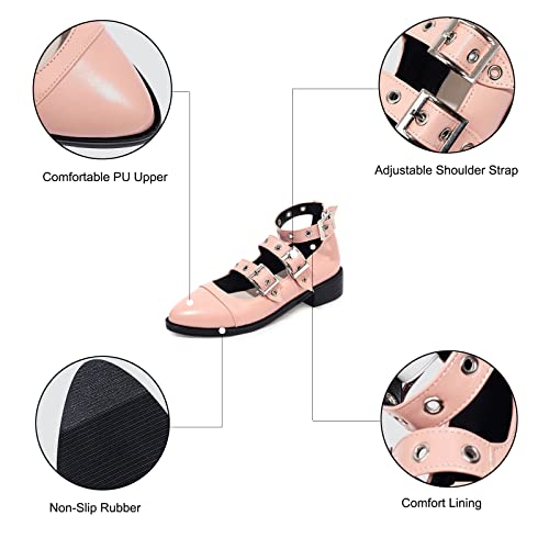 Women's Goth Low Chunky Heel Mary Jane Shoes,Patent Leather Eyelet Buckle Ankle Strap Pointy Pumps4