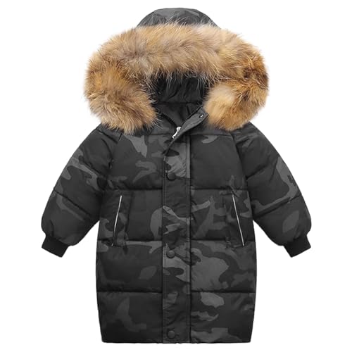 Valcatch Boys Girls Winter Black Camo Coat 9-10 Years, Kids Warm Quilted Puffer Down Jacket with Detachable Faux Fur Hood, Water Resistant Parka Jacket for Outdoor Skiing, Teenage Snowsuit Outerwear