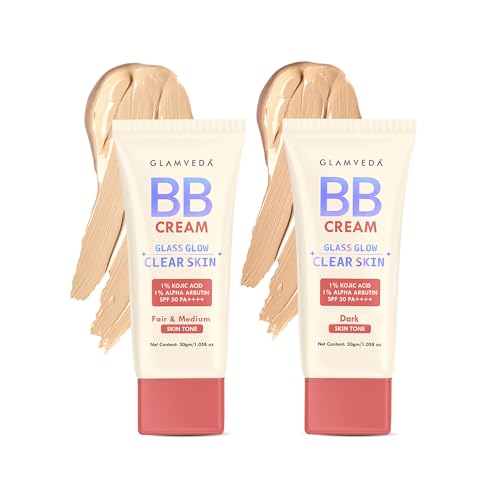 Image of Glamveda BB Cream Set with SPF 50++++ | 2 Shades for Fair & Dark Skin Face Cream | Lightweight Hydrating & Water-Resistant | Natural Coverage for Skin Brightening,Blemish Cover & Dewy Radiant Look 30g