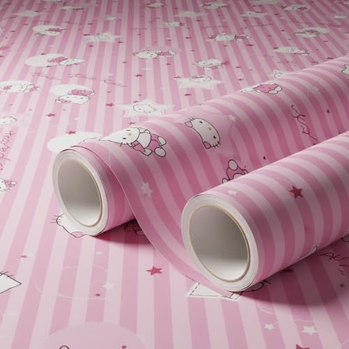 Image of Pink Kitty Kids & Circle Textured Kids Room Wallpaper | Peel & Stick Self Adhesive | Waterproof Removable PVC Vinyl | Baby Boy Room Decoration 16 x 96 Inch