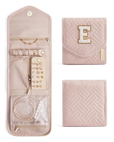 Image of BAGSMART Travel Jewelry Organizer Case E Initial Foldable Jewelry Roll for Journey Rings, Necklaces, Earrings, Bracelets,Mini,Letter E,Soft Pink