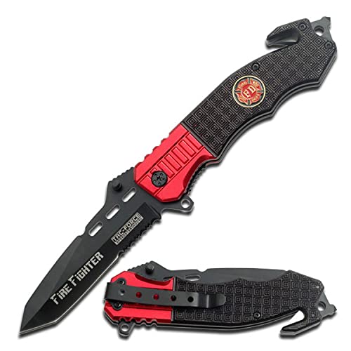 Tac-Force- Folding Pocket Knife – Partially Serrated Black Blade, Black/Red Aluminum Handle w/Fire Dept Logo, Rope Cutter, Glass Punch, Pocket Clip, Tactical, EDC, Rescue - TF-740FD