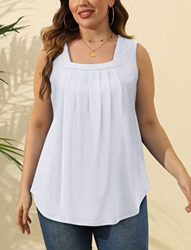 Image of Saloogoe Summer Tank Tops for Women Loose Fit Pleated Square Neck Sleeveless Tops Curved Hem Flowy