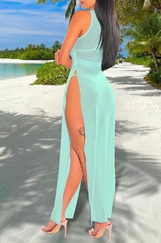 Women's Sexy Sheer Mesh Cover Up Beach Dress High Split Drawstring Swimsuit Bikini Cover Ups - Image 3
