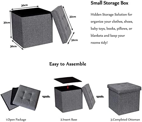 Bonlife Grey Ottoman with Storage Linen Foot Stool Foldable Reat Seat Toy Chest Folding Storage Boxes Fabric with Lid Pack of 2 (32X32X32cm)