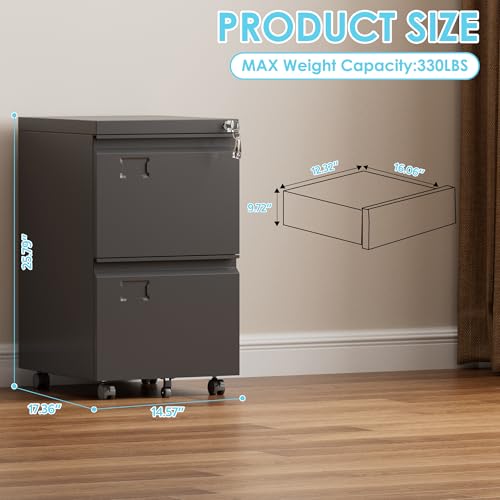 Image of Aobabo 2 Drawer Rolling Metal File Cabinet with Lock, 5 Wheels, Black