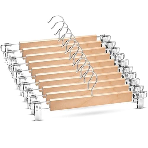 33cm Natural Wooden Trouser Hanger, 10PCS Smooth Wood Pant Hangers, Space Saving Skirt Hangers with Adjustable Clips, Heavy Duty Chrome Clothes Hangers Clothes Hook