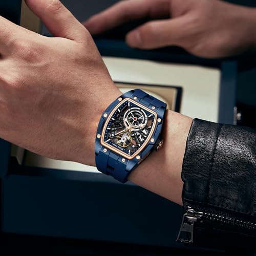 Image of MF MINI FOCUS Unique Men Watches,Automatic Mechanical Watch,Luxury Hollow Tonneau Watches for Men with Stainless Steel Case and Silicon Band (Self-Wind Movement /5ATM Waterproof /Super Luminous)