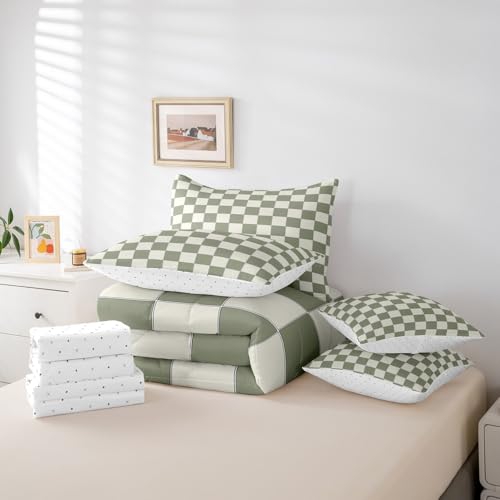 Image of Erosebridal Plaid Full Comforter Set 7 Piece Beige Sage Green Checkerboard Bed in A Bag with Sheets Geometric Checkered Bedding Set for Kids Boys Girls,Aesthetic Grid Bed Set
