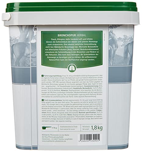 Mühldorfer Pferdefutter Mühldorfer Bronchopur Herbal - 1,8 kg - Fördert das Abhusten - Beruhigt Atemwege - Wohltuender Inhalier-Effekt