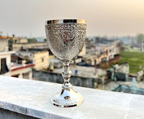 Morcomart Handmade Brass Wine Chalice Goblet – Artisanal Craftsmanship, Antique Vintage Design – Elegant Cups for Wedding, Church, Festive Events (Nickel)