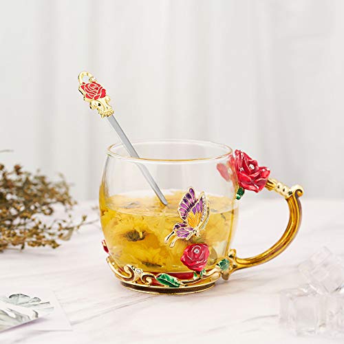 Jltph Enamel Flower Glass Tea Cup, Clear Lead-Free Coffee Mugs With Spoon Cleaning Cloth, Tea Cup With Elaborate Handle For Women Birthday Valentines Wedding Day Mother's Day Gifts #TOP7