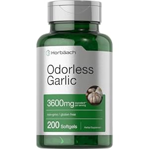 Horbäach Odorless Garlic Softgels 3600 mg | 200 Count | Ultra Potent Garlic Extract | Non-GMO & Gluten Free Pills
