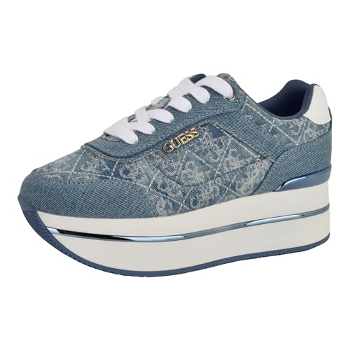 Guess Women's Hansin Sneaker, White/Medium Blue Denim Logo 420, 9.5