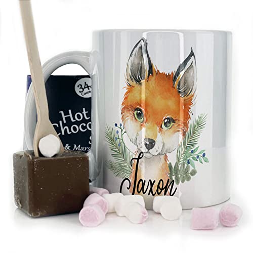 Image of Hairyworm Personalised Mug and Belgian Milk Chocolate/Hot Chocolate Stirrer Marshmallow Gift Set, Custom Name (11oz) White, Yellow, Blue, Black, Pink Mug with Red Fox Blue Berries Design