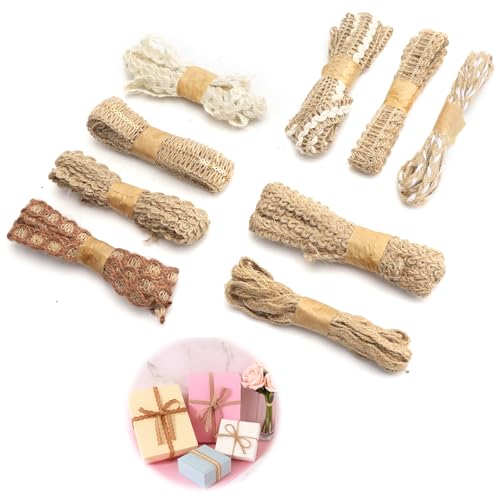 VOSSOT 9 Rollen Deko Juteband, Vintage Geschenkband Natur Stoffband Jute Band Rolle Dekoband Jute Geschenkbänder Sackleinenband Für DIY Geschenke Verpackung Handwerk Hochzeit Party Basteln