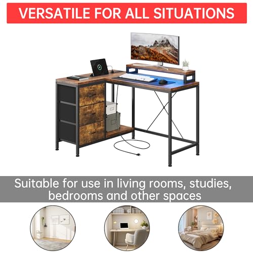 Image of Hetoy L-Shaped Computer Desk with Charging Station - Corner Gaming Desk with LED Lights, Drawers & Storage Shelves for Home Office Use, Rustic Brown