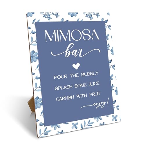 Mimosa Bar Sign, Blue Floral Bridal Shower Mimosa Bar Supplies, Minimalist Wedding Bar Decor With Stand, Wooden Tabletop Sign For Engagement Birthday Baby Shower Christmas Party, 14