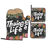 Thug Life - Juego de guantes de horno y soportes para ollas, guantes de horno, guantes de horno y estantes para sartenes, 4 piezas