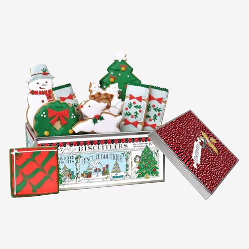 Biscuiteers Merry & Bright Gingerbread Biscuit Tin – Hand-Iced Christmas Set of 9 Festive Biscuits