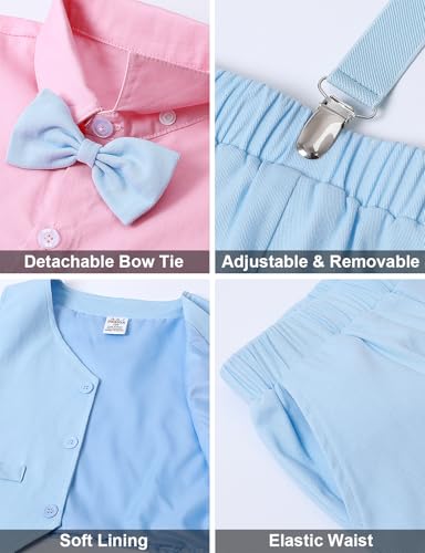 Image of A&J DESIGN Toddler Easter Outfit Boy Wedding Pink Summer Formal Gentleman Dress Suit Shorts Set Suspender with Vest and Bow Tie Blue 12-18 Months