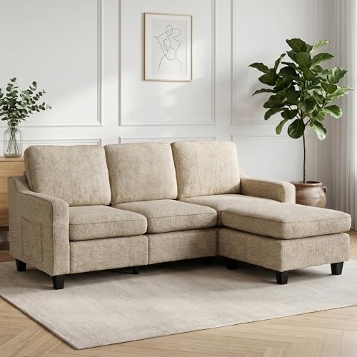 Canapé 3 places avec tabouret, canapé d'angle flexible en forme de L, housse en tissu doux avec rembourrage en mousse haute densité, canapé de salon pour salon, chambre à coucher, bureau et petits