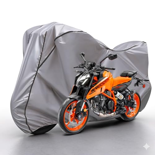 Image of Waterproof Bike Body Cover Compatible with KTM Duke Dustproof Scratchproof - Motorcycle Cover for Two Wheeler, Outdoor Full Cover with UV, Duty, Rain Protection (Silver & Black) R1