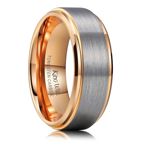 King Will 8mm Silver&Rose Gold Wedding Band for Men, Brushed Two Tone Dual Tungsten Carbide Ring, Step Edge Polished Finish Rings, Comfort Fit, Size 10.5