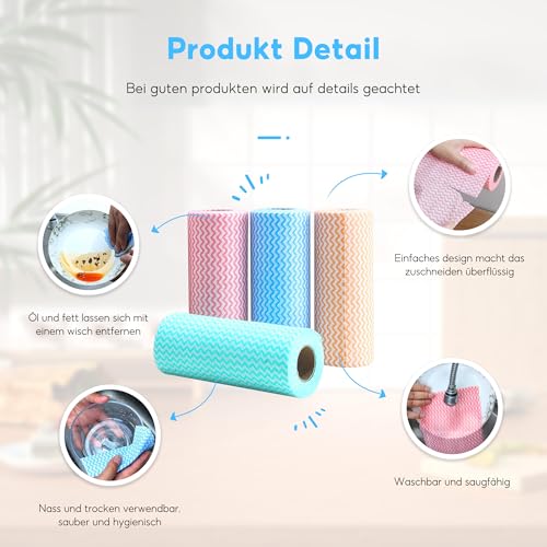 SXCCNW Wischtücher auf Rolle, 4 Rollen Einweg Reinigungstücher, Putztücher auf Rolle Lappen Einweg Putztücher Vliesstoffe Küchentücher Putztuch für Wohnküche Esstisch 50 Stück pro Rolle 4 Farben