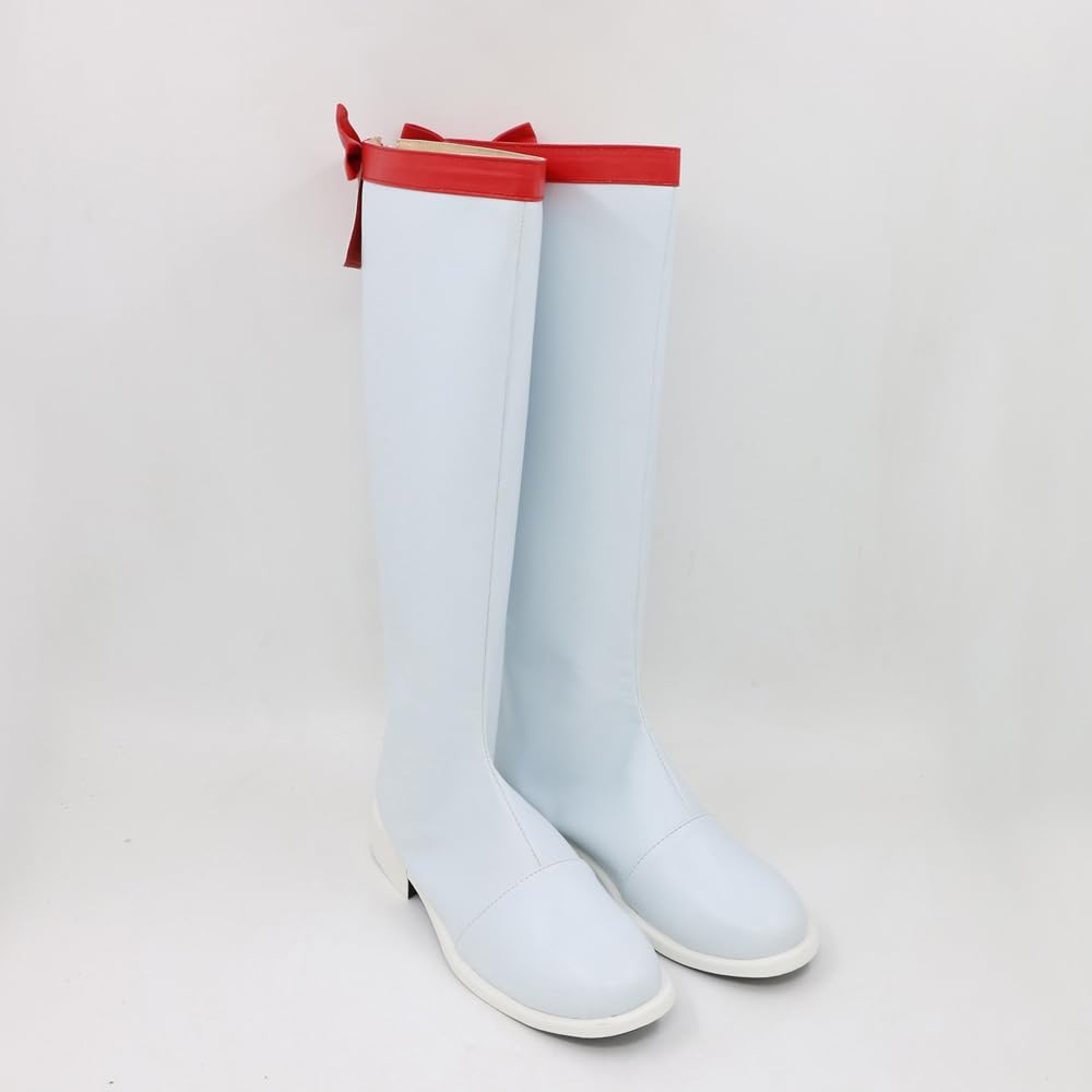 YuanCos White PU Leather Knee-High Low Heel Round Toe Boots with Back Bow Cosplay Shoes C006