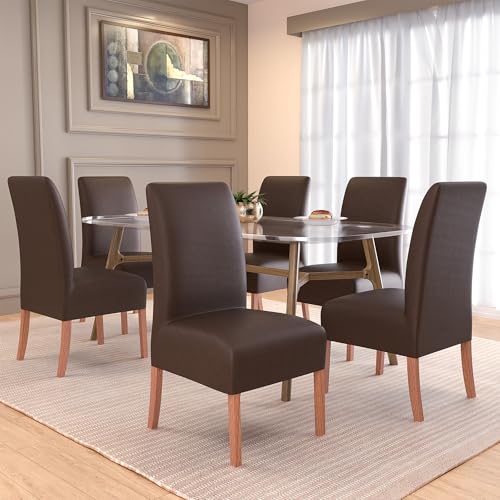Image of Kuber Industries 6 Pcs Stretchable Dining Table Chair Cover Machine Washable Chair Protector Seat Slipcover for Kitchen & Living Room | Plain - Brown