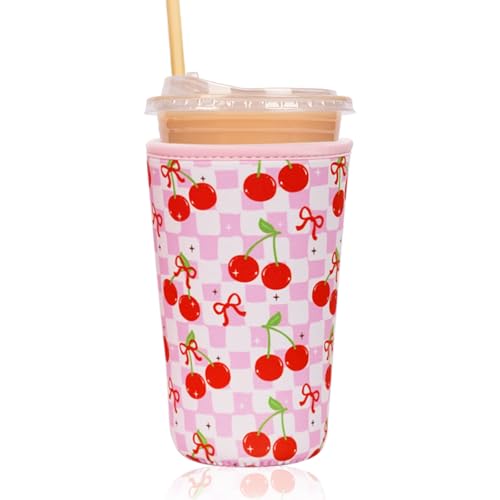 Image of Reusable Insulated Sleeve for Iced Coffee Cup, Coffee Neoprene Sleeve for Cold & Hot Drinks, Beverage Holder for Iced Coffee (Cherry Gleam, Large: 32oz)