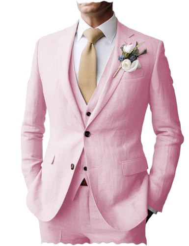 Men's Suits Regular Fit Summer 3 Piece Beach Linen Tuxedos Jacket+Vest+Pants Wedding Groomsman