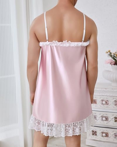 ABAFIP Men's Sissy Nightwear Satin Shiny Ruffle Lace Mini Nightdress Spaghetti Strap Crossdress Nightgown3