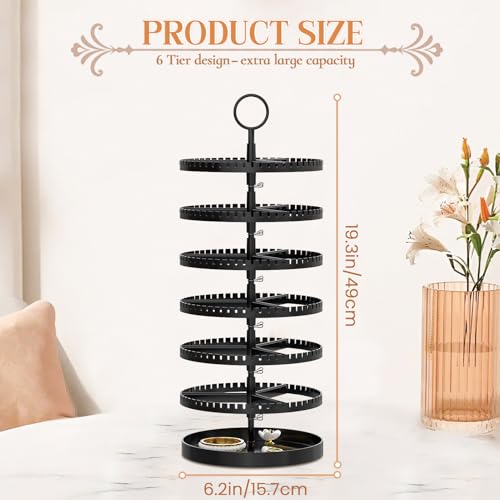 iDavosic.ly 6 Tier Rotating Earring Holder Organizer with Metal Tray, Adjustable Plastic Dangle Display Stands Tree with 342 Grooves, Large Hoop Storage Rack Tower, Black3